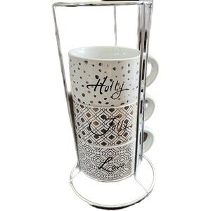SET OF THREE WHITE COFFEE MUGS WITH DISPLAY STAND